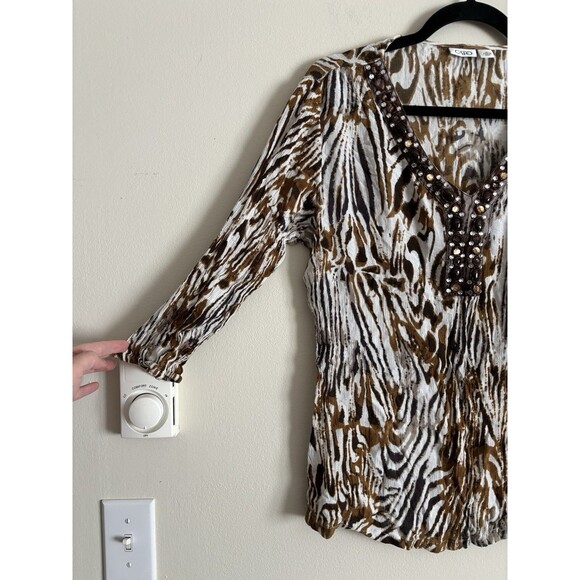Vintage Y2k 90s Cato Beaded‎ Top Womens Medium Animal Print Summer Neutral Tan - Picture 6 of 7